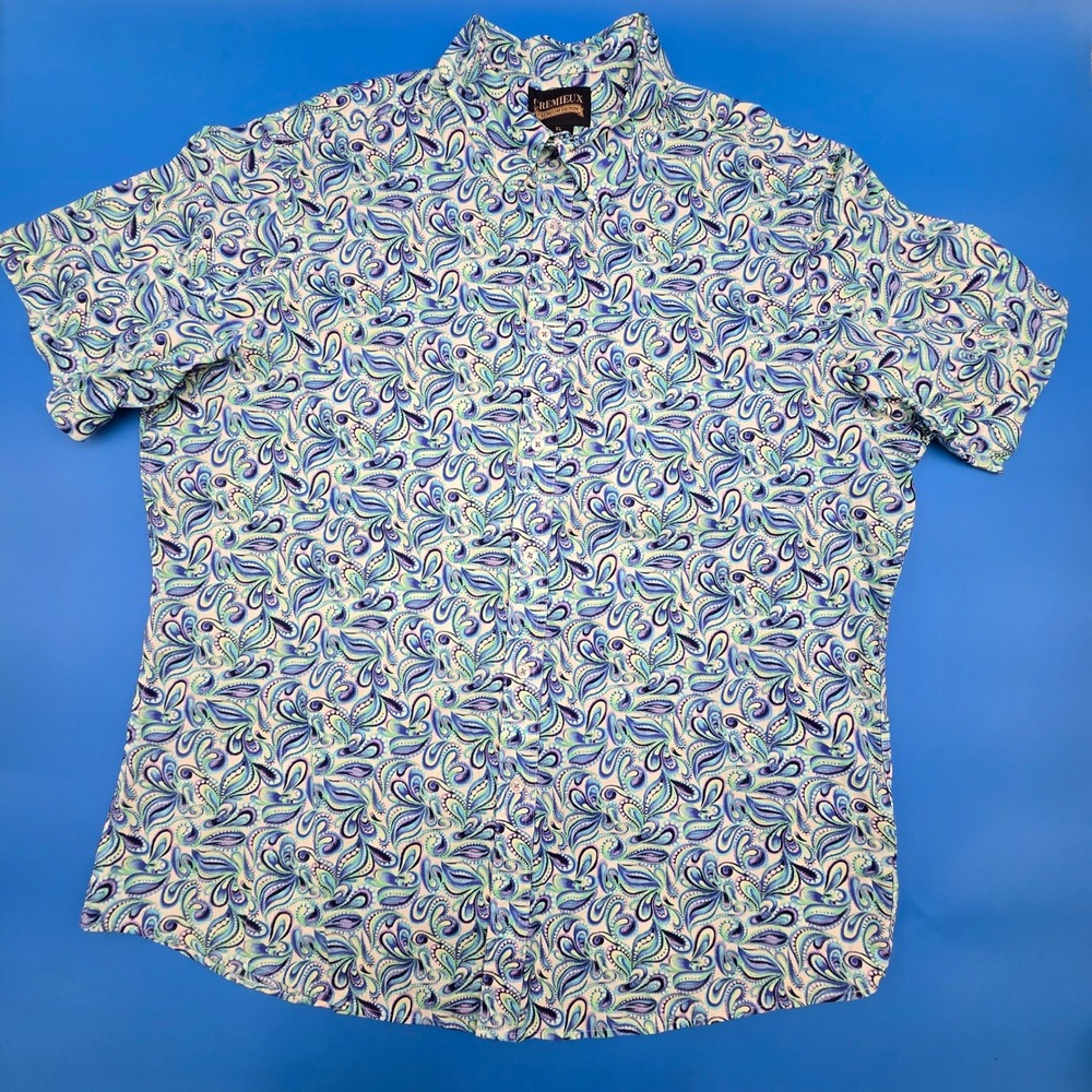 Cremieux Premium Denim Men XL Blue Paisley Short Sleeve Button Down Shirt Cotton